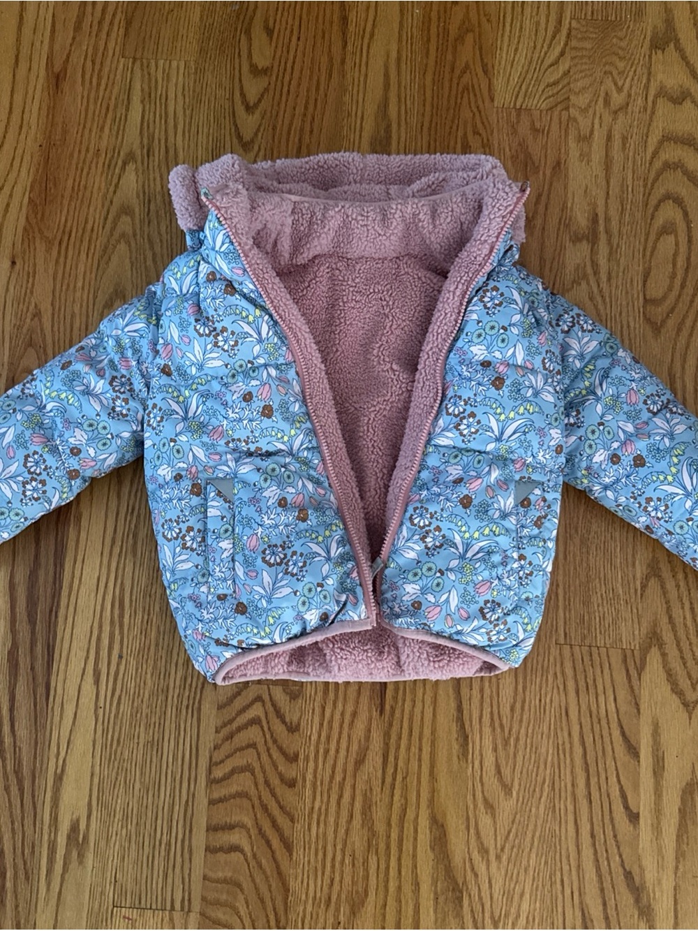 Boden Blue Floral Puffer Jacket with Pink Sherpa Lining